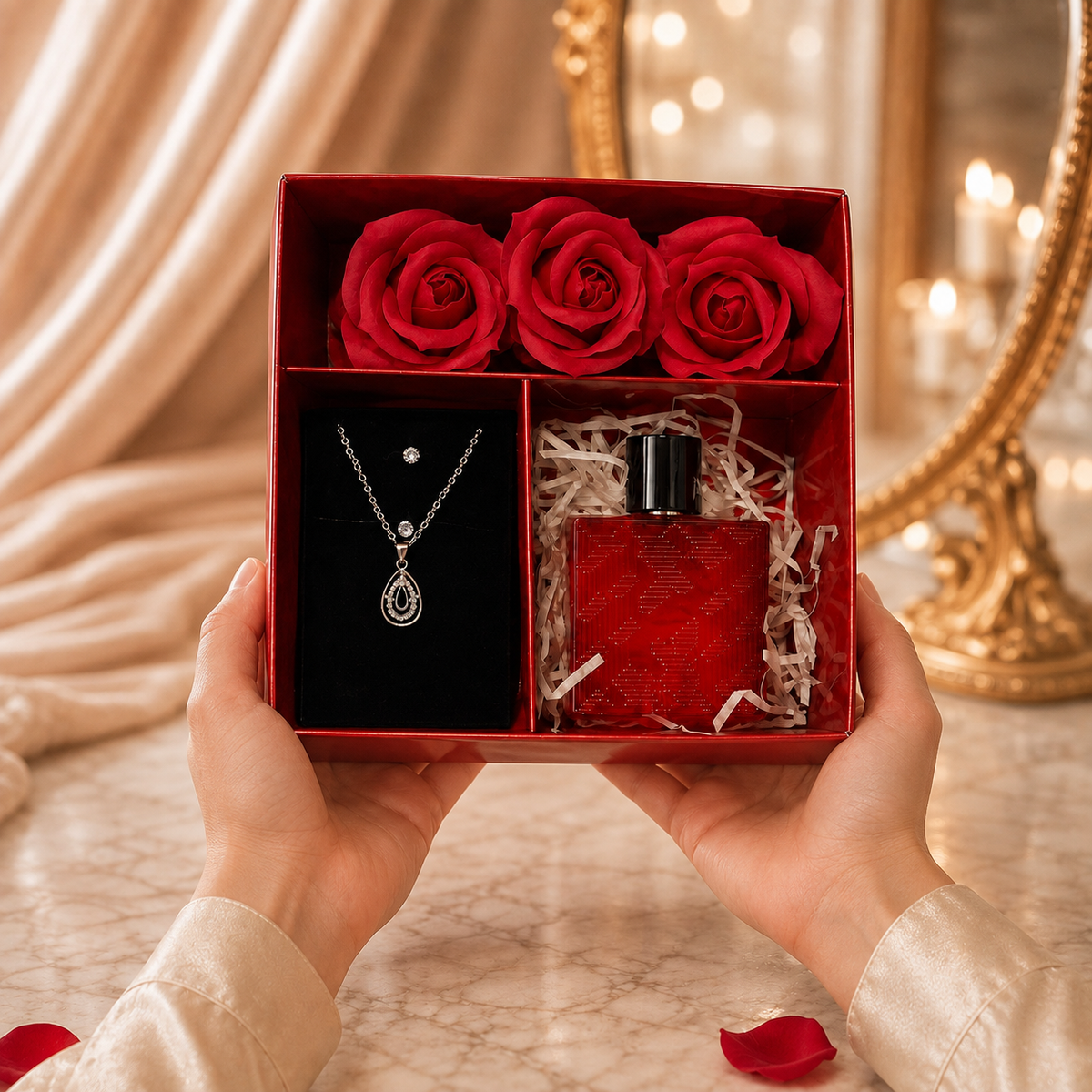 Perfume, Necklace and Flours gift set